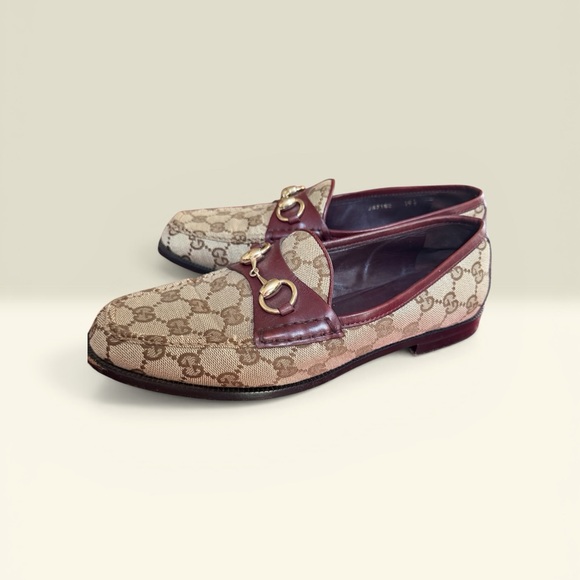 Gucci Brown GG Canvas Loafers with Burgundy Trim & Gold Horsebit - Picture 3 of 8